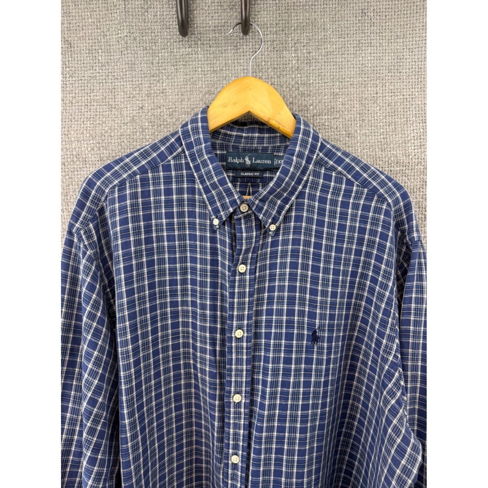 Vintage Ralph Lauren Mens XXL Blue Plaid Linen Cotton Classic Fit L/S Shirt